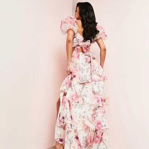 ASOS LUXE organza puff sleeve top with bow back in floral print - part of a set - Picture 2 of 4